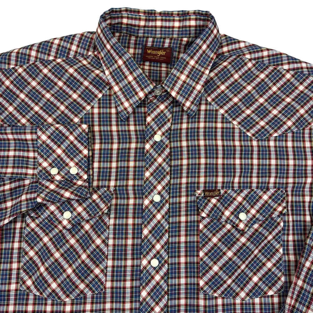 Vintage Wrangler Shirt Mens XL Blue Plaid Western Pearl Snap Long Sleeve USA
